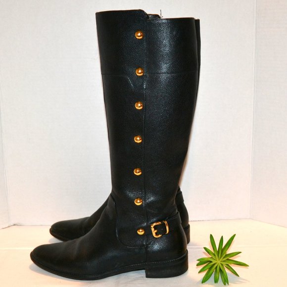 Michael Kors Black Leather Tall Boots Inside Zip Gold Studs - Picture 1 of 6